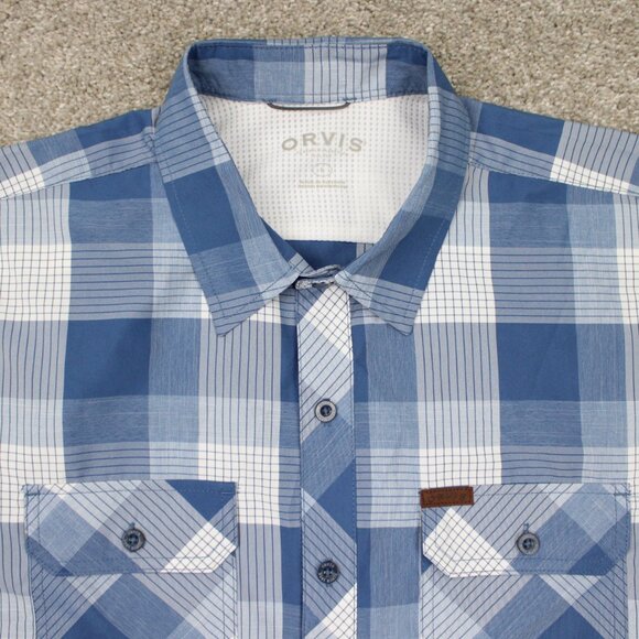 Orvis Tech Shirt Mens Large Blue/White Classic Collection Polyester S/S Button - Picture 5 of 14